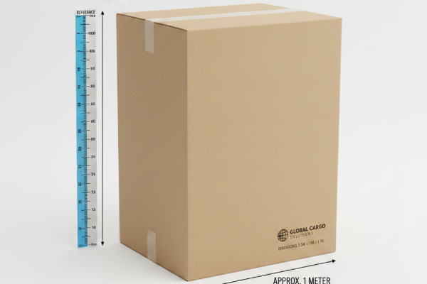 An infographic showing a 1-meter ruler next to a large shipping box