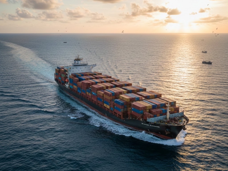 Cargo ship carrying containers across the ocean