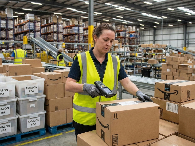 Warehouse worker organizing Amazon FBA shipments