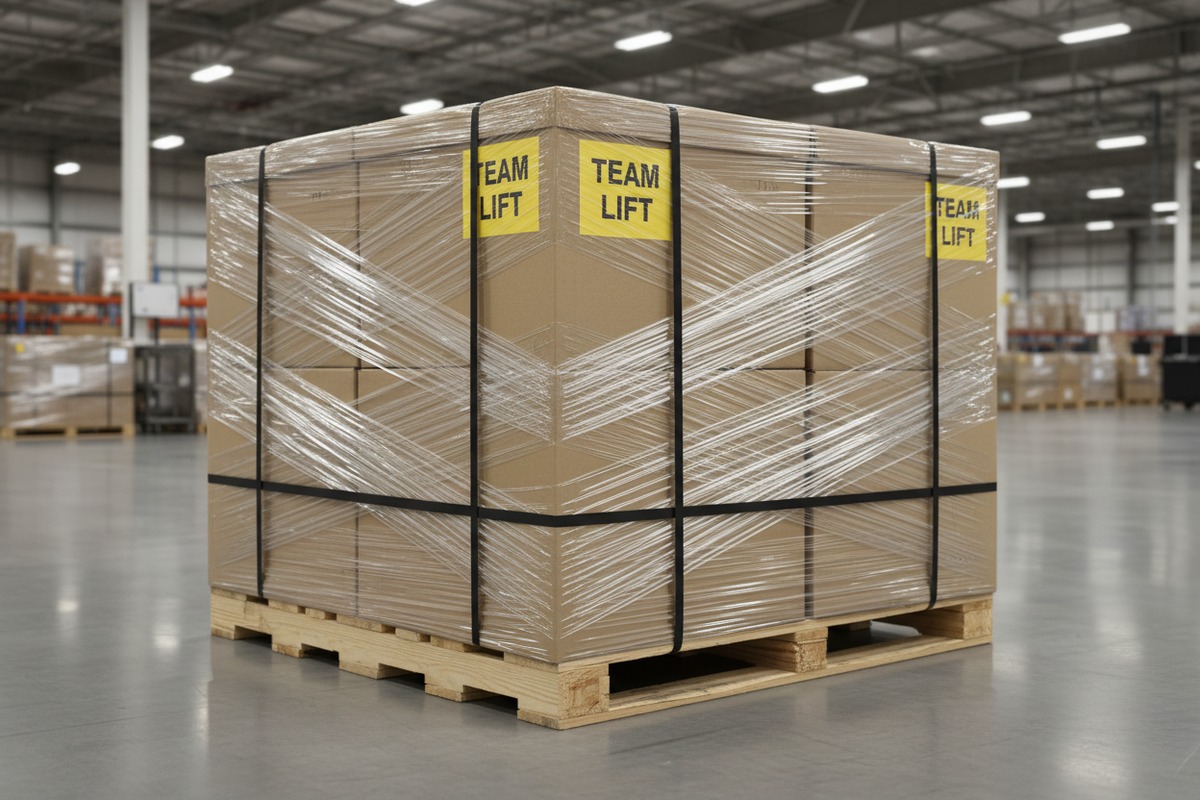 Team Lift Label Placement Proper placement of Team Lift stickers on top and four sides of shipping cartons (ID#3)
