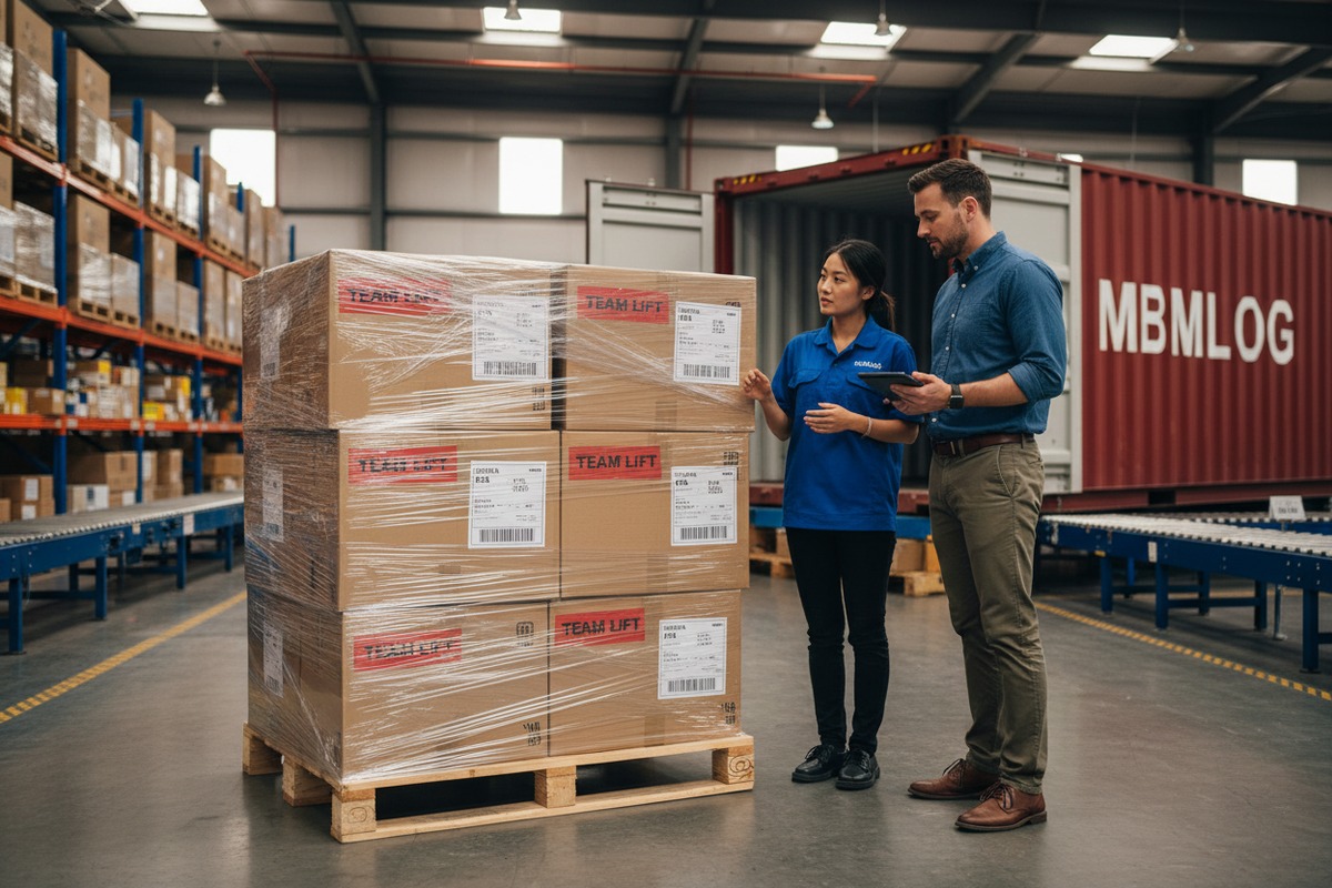 Freight Forwarder FBA Compliance Freight forwarder verifying FBA weight and labeling requirements for China to USA shipments (ID#5)
