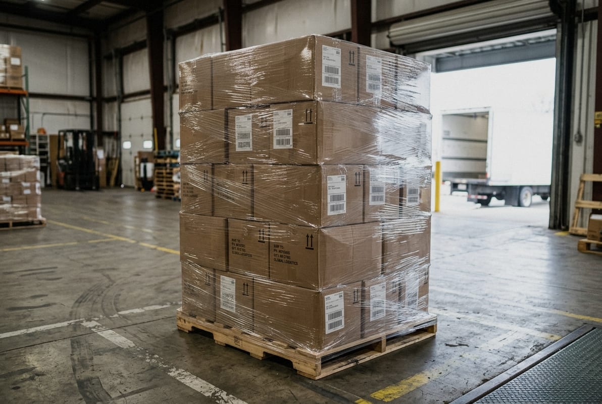 Reinforced sea freight packaging with edge protectors and stretch wrap for ocean transit (ID#5)