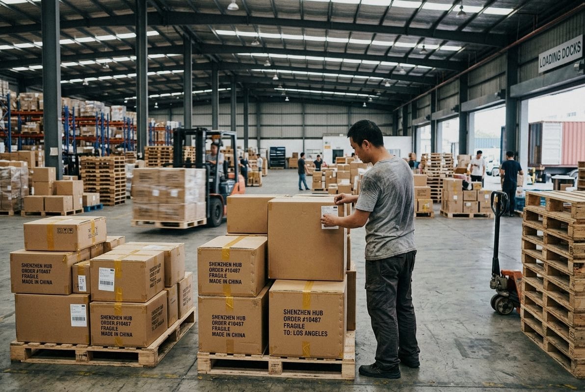 Coordinating multi-factory consolidation at a centralized hub with inspection and palletizing services (ID#2)