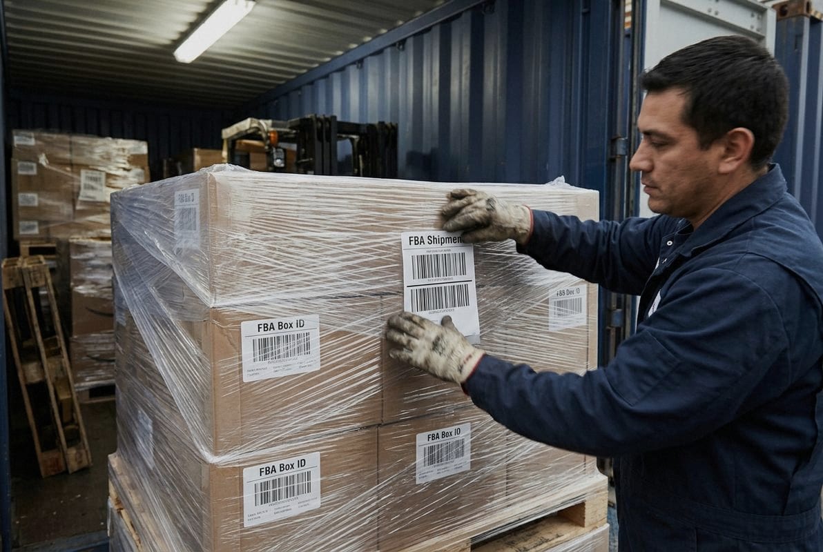 FBA pallet shipment labels affixed to all four sides over clear plastic stretch wrap (ID#3)