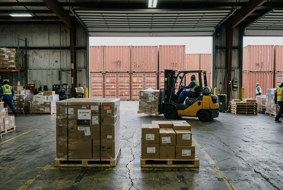 Properly stacked boxes flush with pallet edges and secured with clear plastic stretch wrap (ID#4)