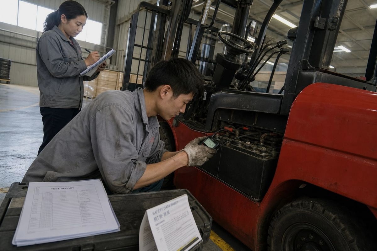 Lithium Battery Compliance Lithium battery compliance steps including UN38.3 report and dangerous goods declaration for forklift shipping (ID#3)