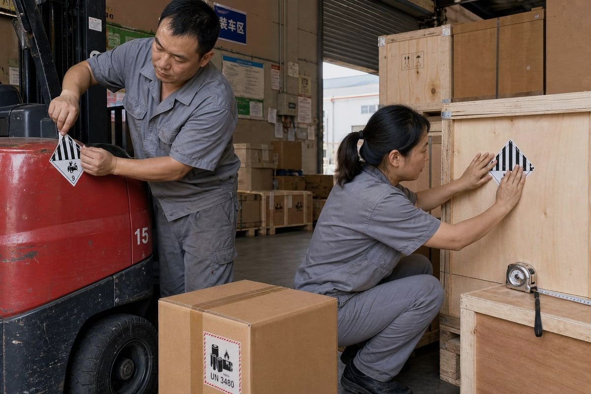 Lithium Battery Shipping Labels Class 9 hazard label and lithium battery handling mark on forklift shipping crate (ID#2)