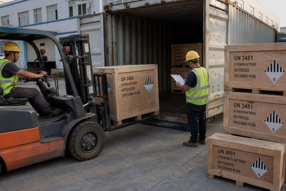 Freight Forwarder Assistance Freight forwarder verifying lithium battery labels and markings before export from China (ID#5)