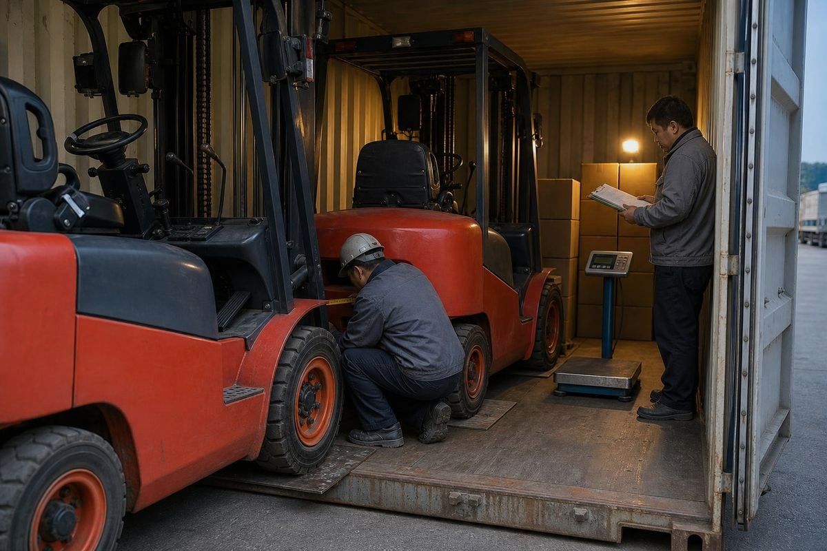 Electric counterbalance forklift loaded inside 20ft container with weight limits shown (ID#2)