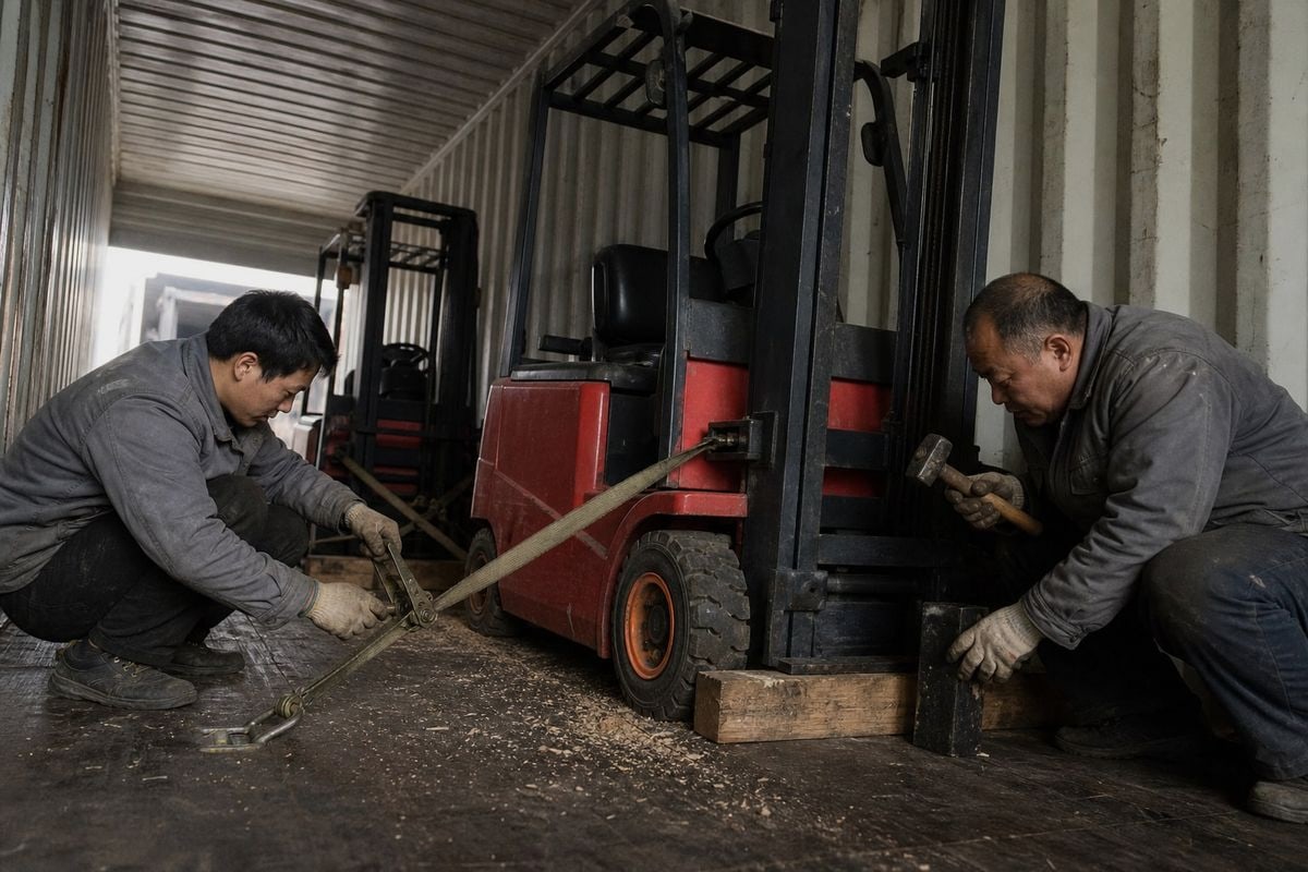 Electric counterbalance forklifts secured with straps and blocking inside 40HQ container (ID#2)