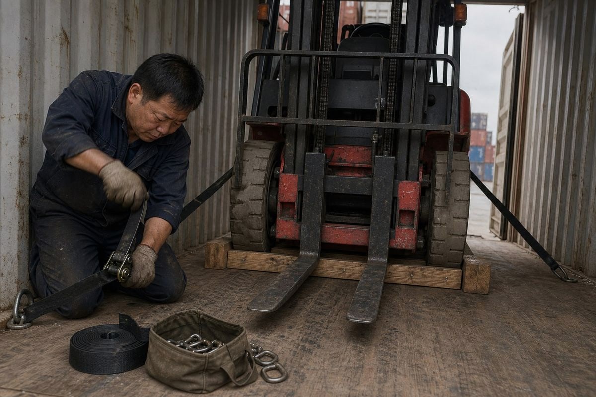 Securing an electric forklift with straps and blocking during ocean transport (ID#3)