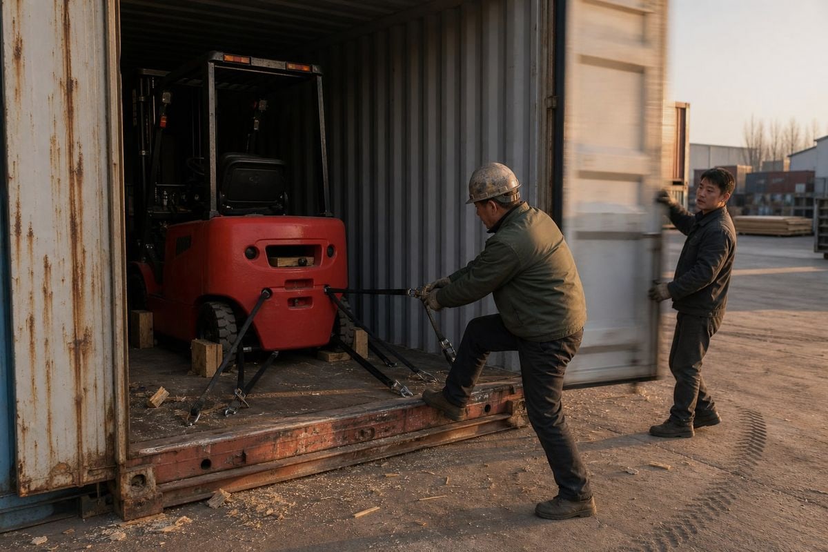 Consolidating forklift with batteries, chargers, and spare parts in one container (ID#5)