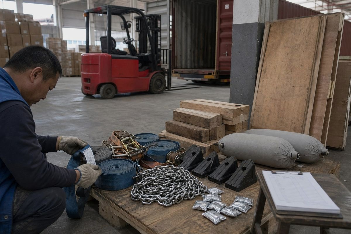 Forklift Securing Tools Ratchet straps, chains, timber blocking, chocks, and dunnage bags for forklift shipping (ID#2)