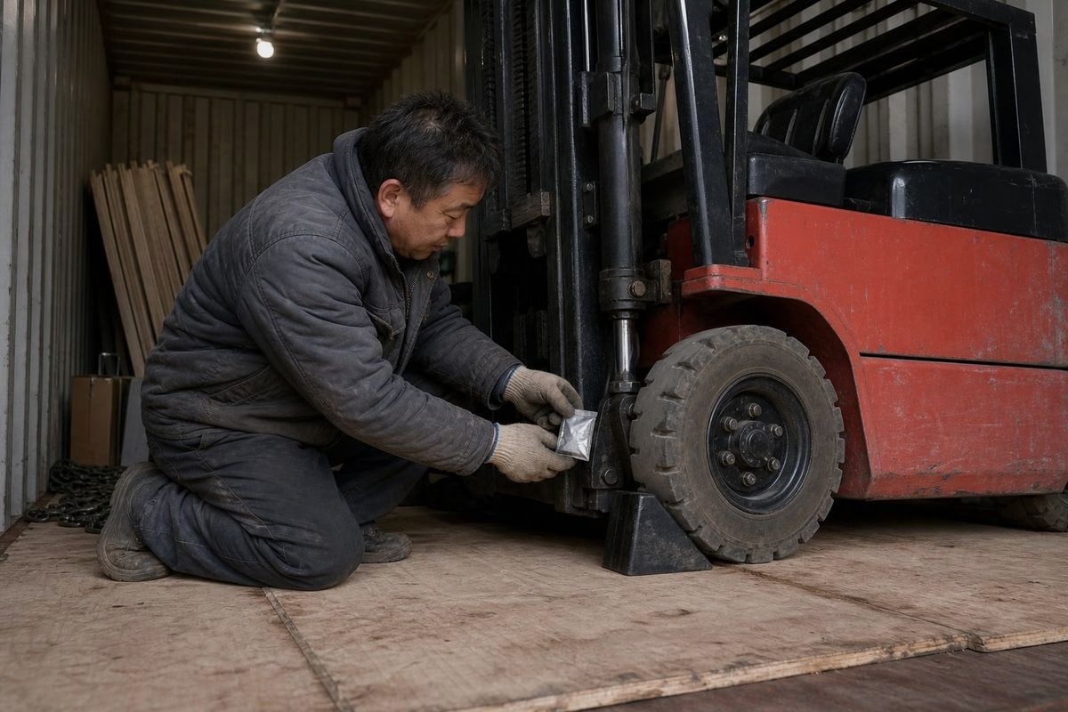 Battery and Attachment Safety Disconnecting battery and cross-lashing counterweight for safe forklift attachment transport (ID#4)