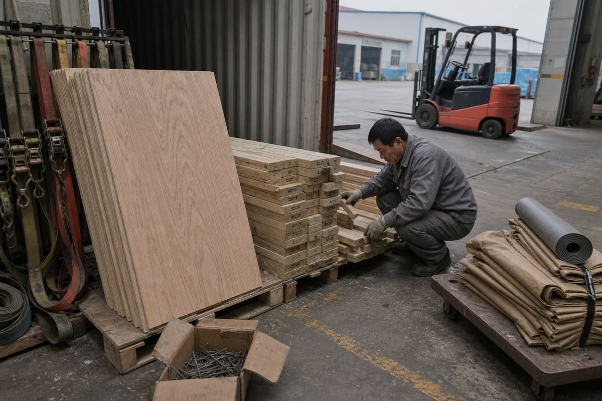 Materials needed like plywood, lumber, straps and dunnage for securing forklift during ocean freight (ID#2)