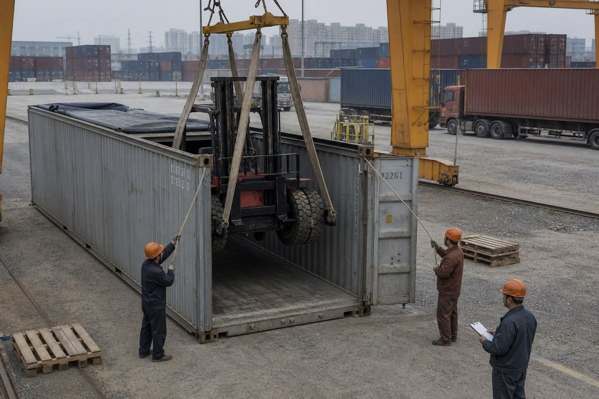 Worker measuring forklift mast height and width before booking shipping container (ID#5)