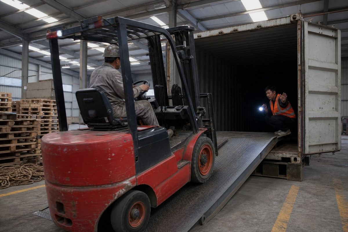 Forklift Container Loading Forklift driving slowly along container centerline using ramp and spotter guidance (ID#2)