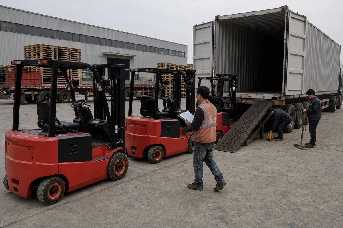 Multiple Forklift Shipping Multiple electric forklifts staggered and strapped inside one shipping container (ID#5)