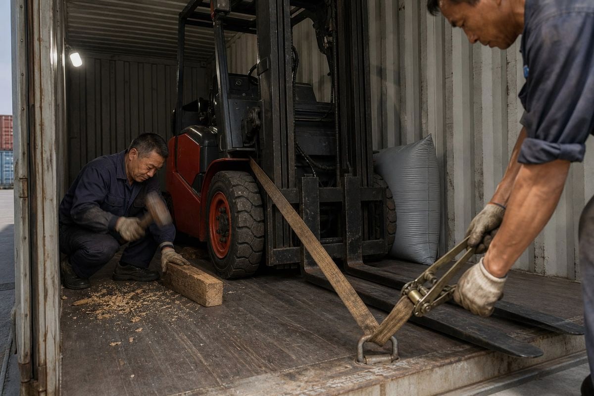 Forklifts secured with lashing straps, wheel chocks, and dunnage bags (ID#3)