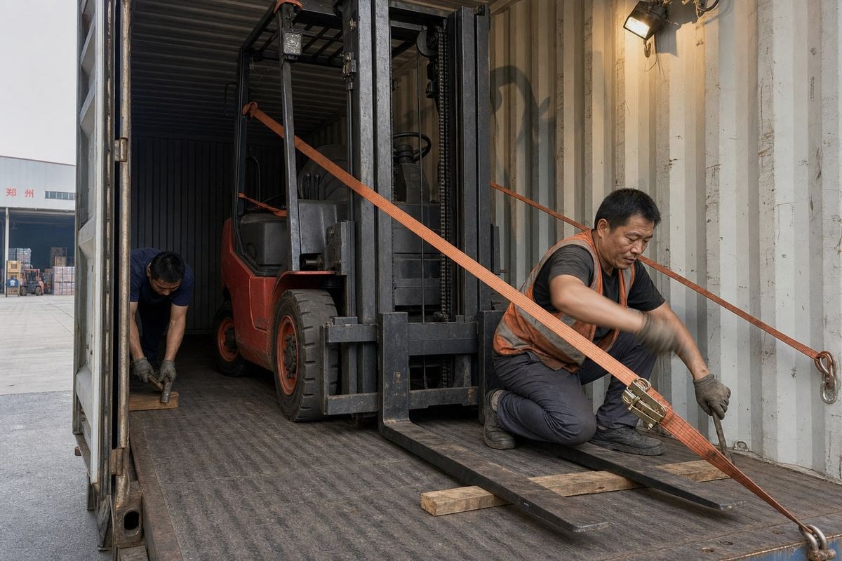 Proper method to secure and load a forklift inside a shipping container safely (ID#3)