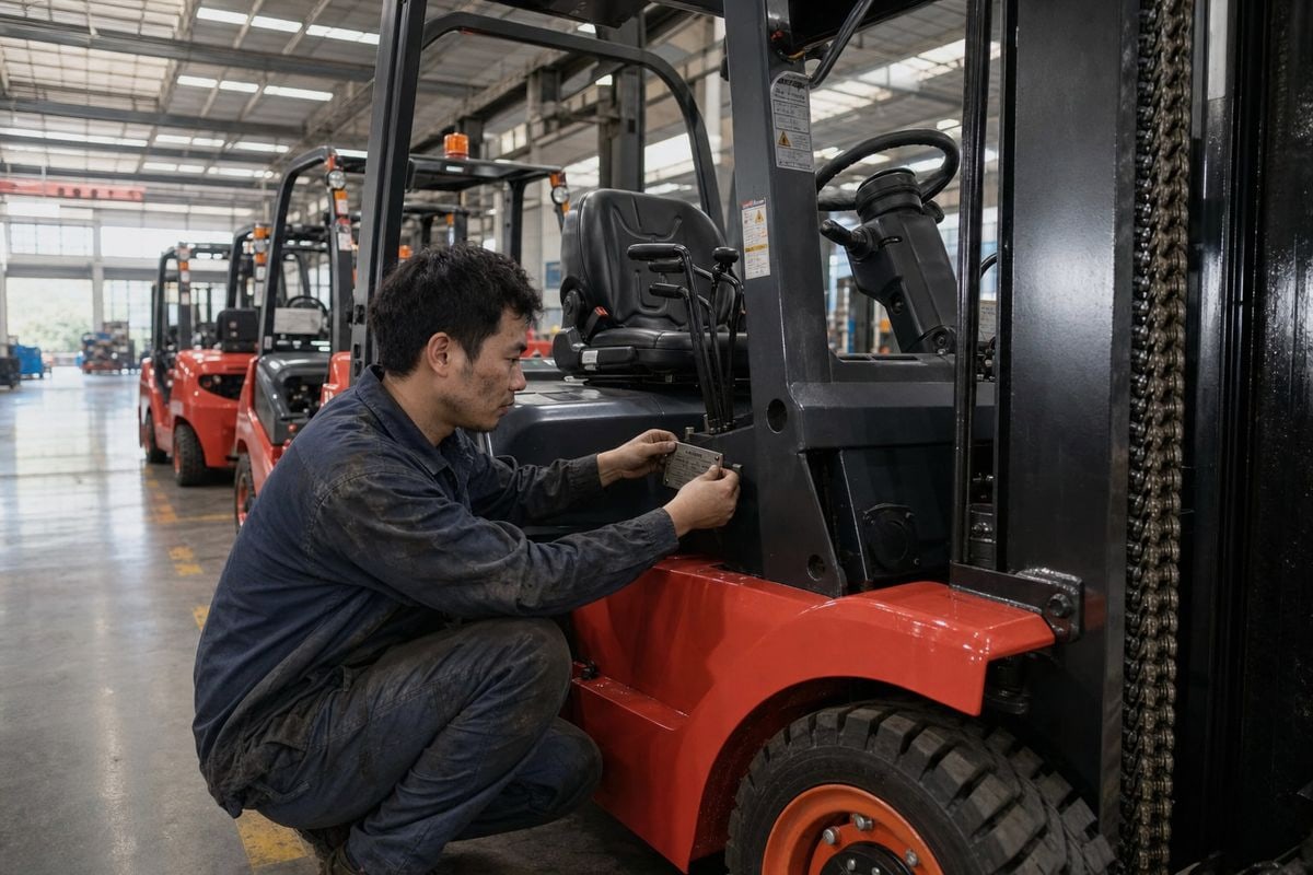 Proper placement of country of origin label on an electric forklift's data plate (ID#3)