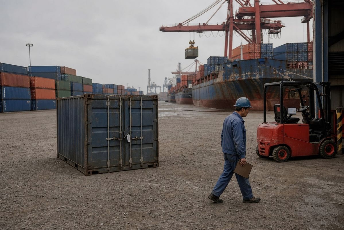 Container held at origin port after forklift shipment gets rolled to next sailing (ID#2)