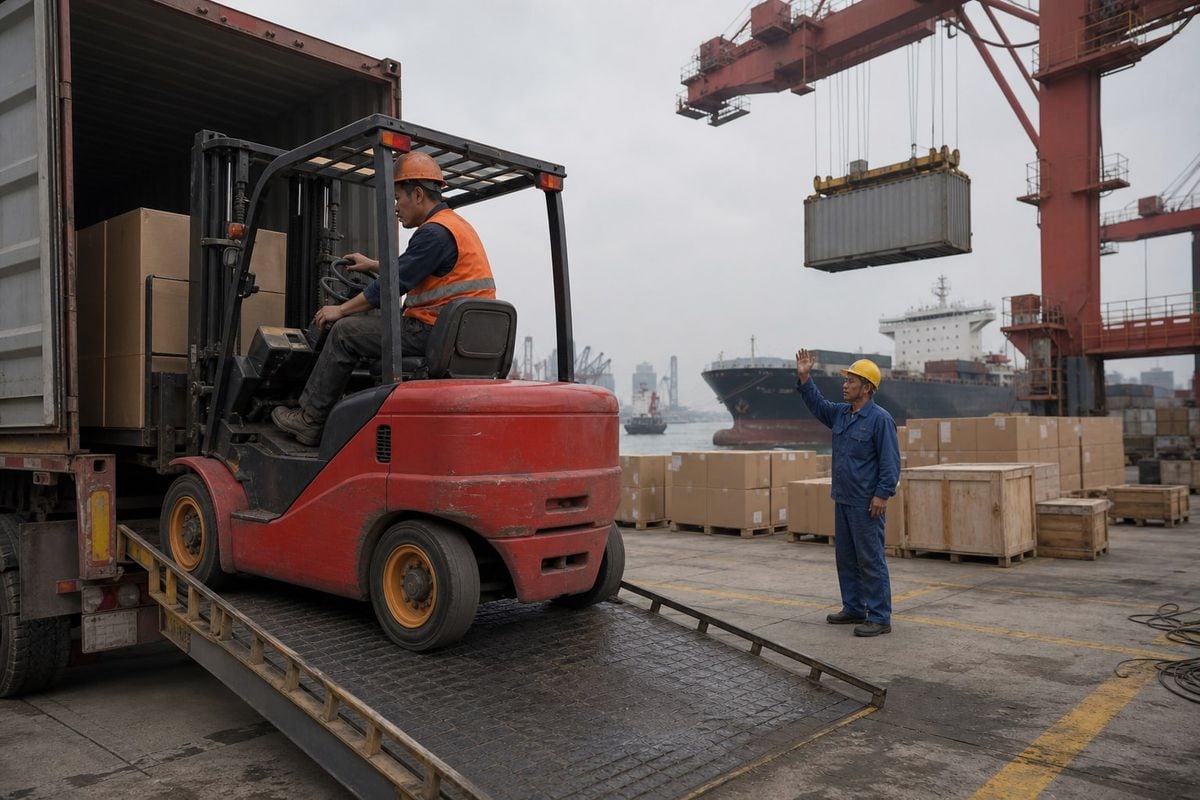 Eight tracking stages from factory pickup to final warehouse delivery for forklift containers (ID#3)
