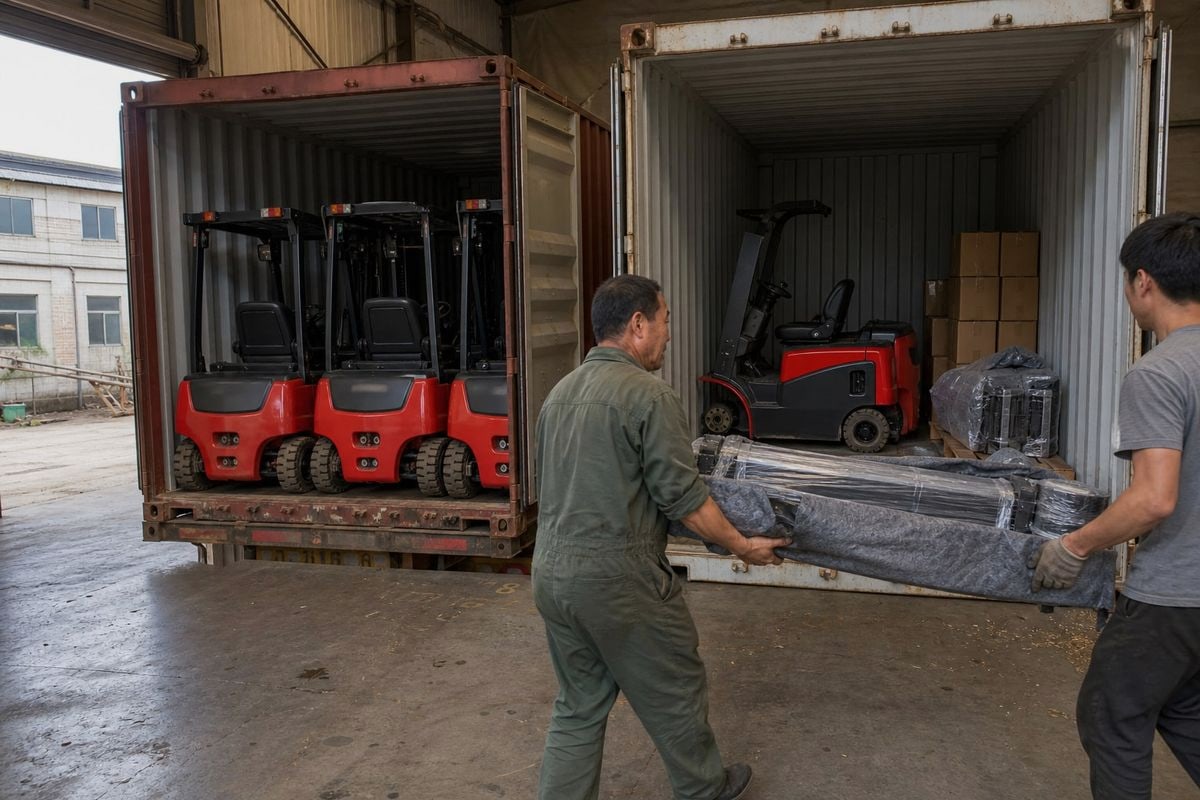 Disassembled forklift parts crated for container shipping to save freight costs (ID#3)