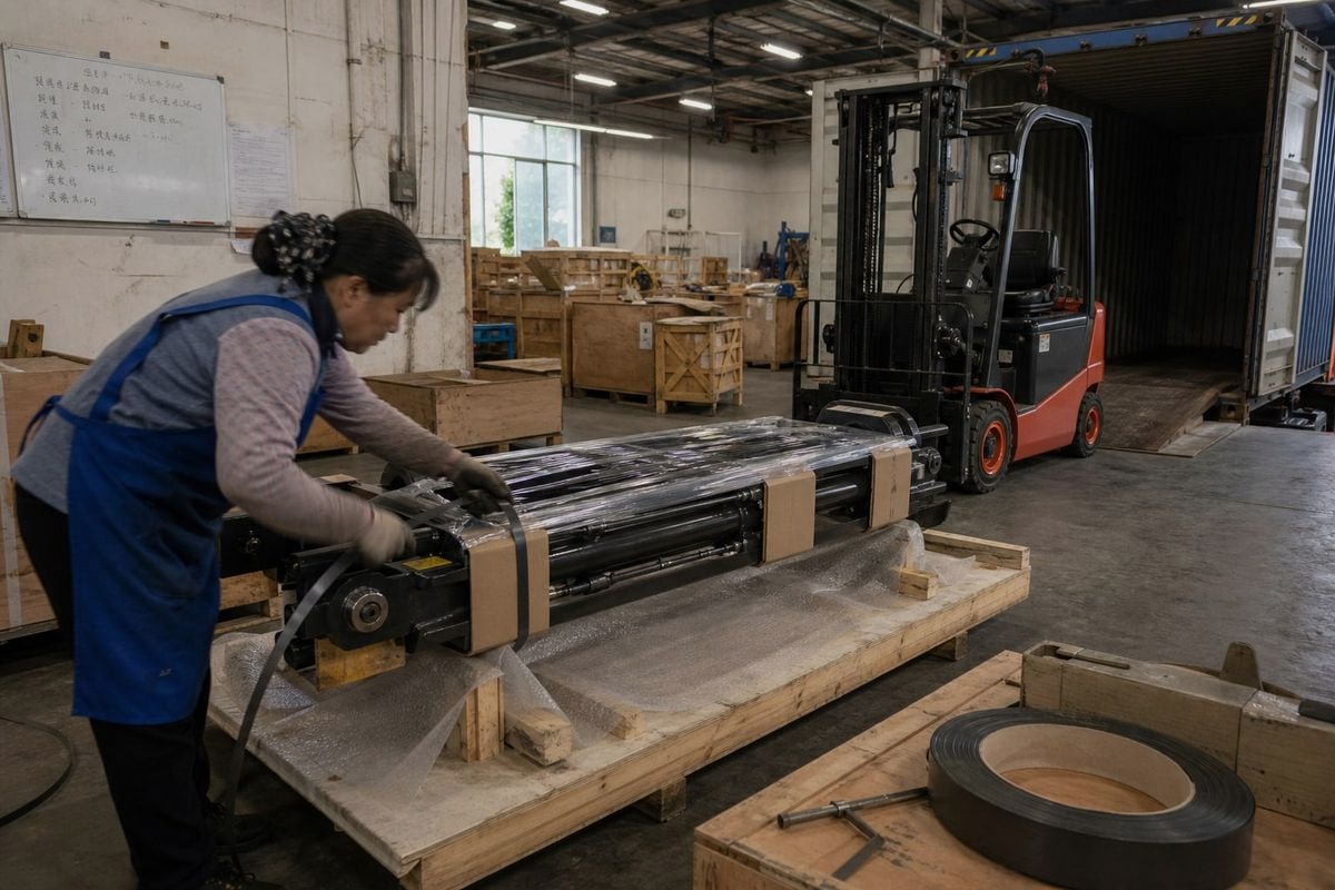 Fully assembled forklift secured in container showing load shifting and damage risks (ID#5)