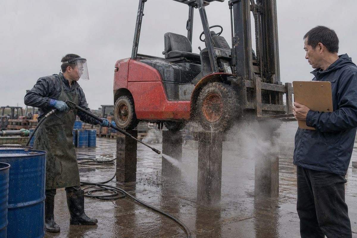 Steps to reduce damage risk when shipping used forklifts overseas including cleaning and securing (ID#5)